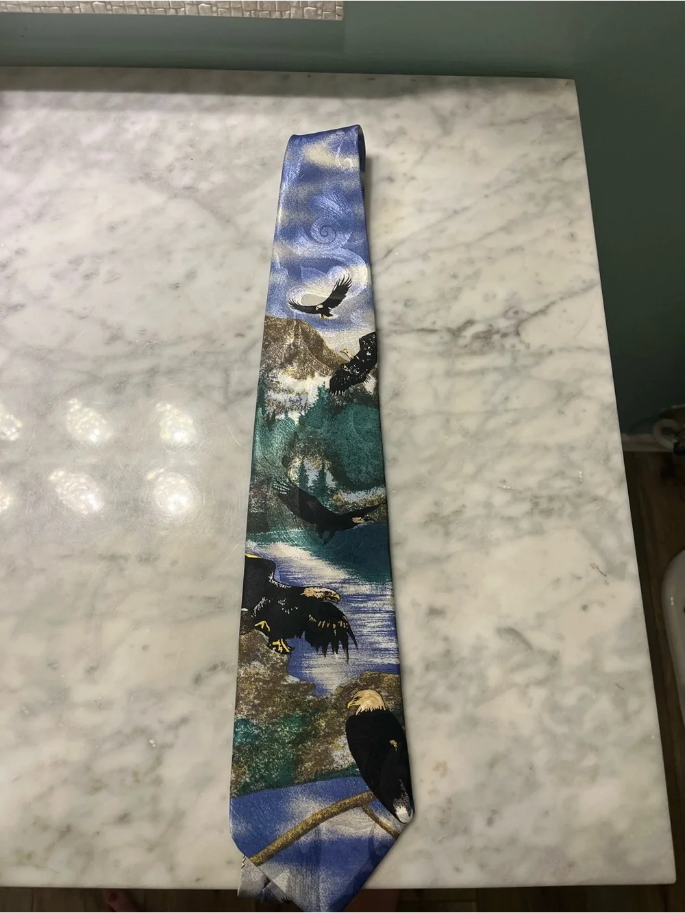 Men's Scenic Eagle Print Tie in Blue and Green